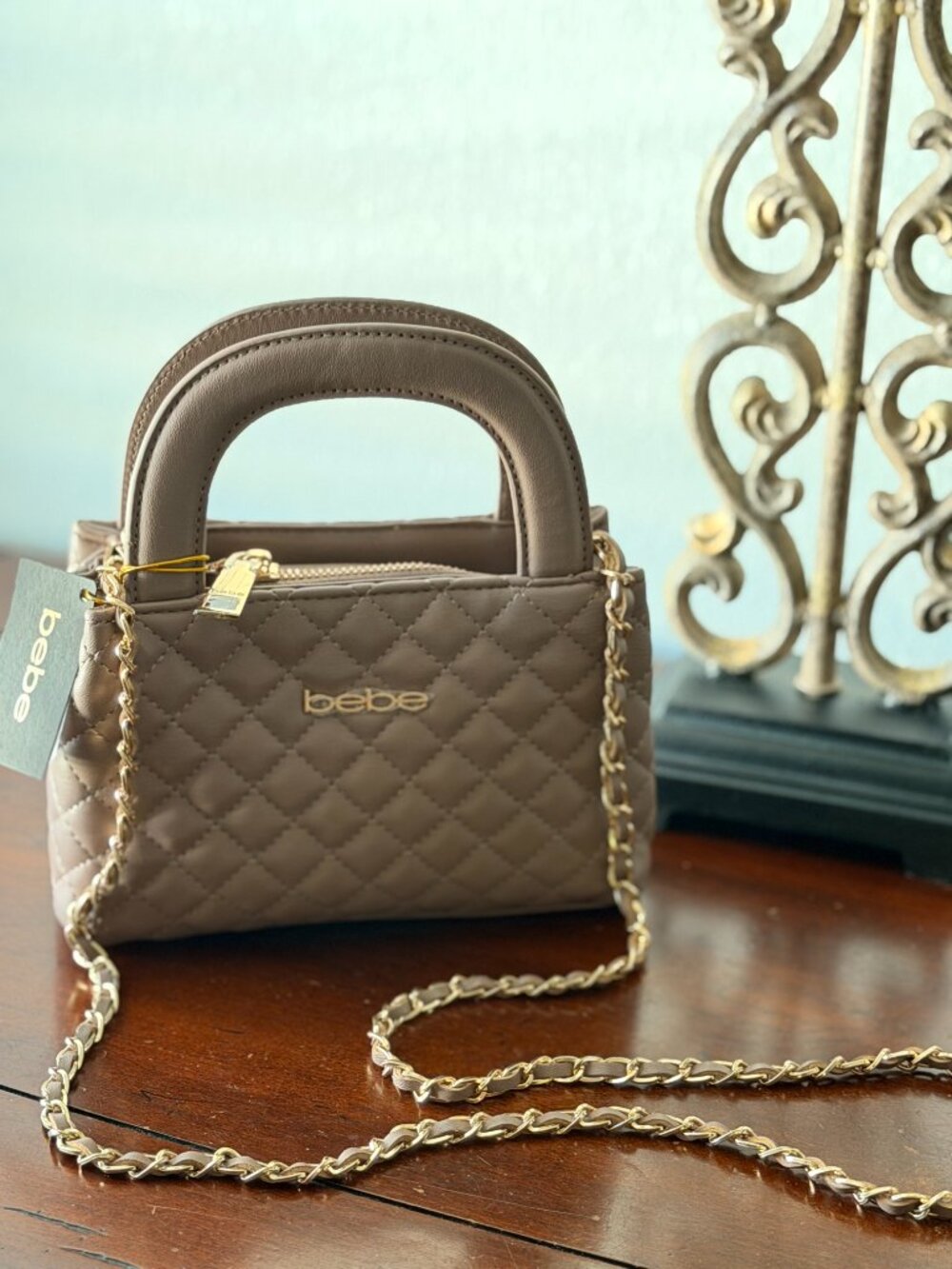 bebe Sofie Mini Quilted Satchel Taupe Gold Chain Crossbody NWT